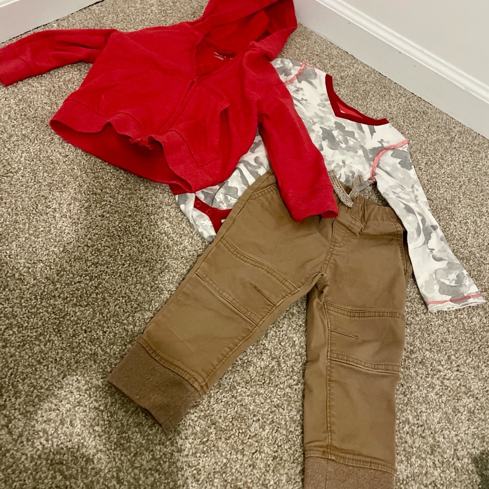 18M Boys 3-Piece Outfit - Red Hoodie, Tan Pants, Long-Sleeve Shirt